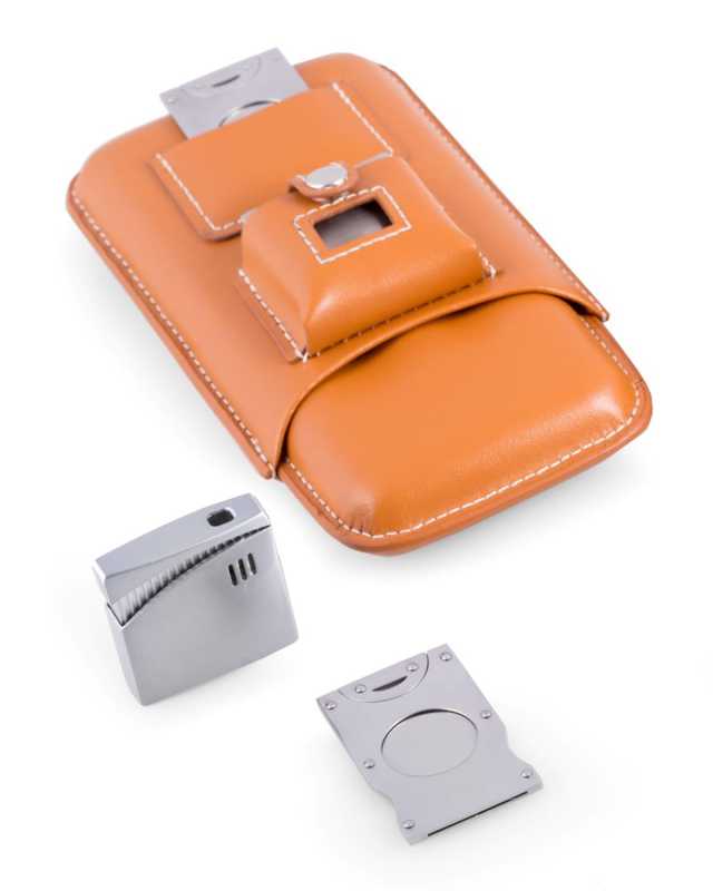 C243N Leather Three Cigar Holder with Cutter and Lighter